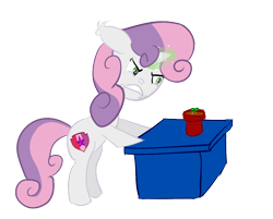 Size: 944x759 | Tagged: safe, artist:roguelament, derpibooru import, sweetie belle, glowing horn, magic, newbie artist training grounds, paint tool sai, plant, pot, solo, table