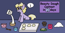 Size: 1316x670 | Tagged: safe, artist:gogglesparks, derpibooru import, dinky hooves, bowl, butter, food, milk, music notes, newbie artist training grounds, photoshop, pouring, salt, solo
