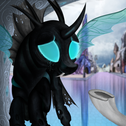 Size: 2000x2000 | Tagged: safe, artist:konsumo, derpibooru import, thorax, changeling, the times they are a changeling, crying, crystal empire, high res, smiling, tears of joy