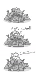 Size: 720x1440 | Tagged: safe, artist:arielsbx, derpibooru import, apple bloom, book, buried, comic, cute, gasp, homework, monochrome, solo