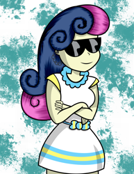 Size: 1024x1329 | Tagged: safe, artist:alligatorgummy, derpibooru import, bon bon, sweetie drops, equestria girls, rainbow rocks, clothes, credits, crossed arms, earpiece, shine like rainbows, solo, sunglasses