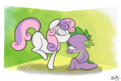 Size: 1600x1074 | Tagged: safe, artist:saranr, derpibooru import, spike, sweetie belle, dragon, male, shipping, spikebelle, straight