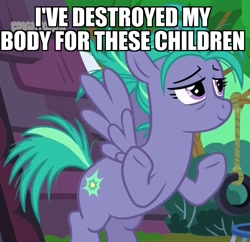 Size: 1095x1060 | Tagged: safe, derpibooru import, edit, edited screencap, screencap, top bolt, air pop, bags under eyes, image macro, meme, mother, rope, smiling, solo, tire swing, trampoline