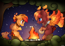 Size: 3000x2149 | Tagged: safe, artist:h-analea, derpibooru import, oc, oc only, oc:amber woods, oc:cinder, autumn, campfire, contest entry, food, guitar, male, marshmallow, night, oc x oc, shipping, straight