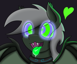 Size: 961x798 | Tagged: safe, artist:askhypnoswirl, derpibooru import, oc, oc only, oc:maraco arco, bat pony, pony, collar, drool, glow, glowing eyes, heart, hypnosis, male, stallion, tongue out