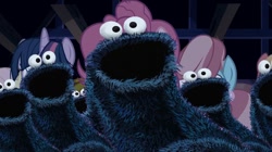 Size: 1024x575 | Tagged: safe, artist:wisdomvision f., derpibooru import, edit, edited screencap, screencap, 28 pranks later, cookie, cookie monster, cookie zombie, food, sesame street, wat, we want cookies