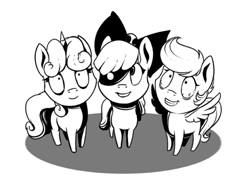 Size: 500x357 | Tagged: safe, alternate version, artist:28gooddays, derpibooru import, apple bloom, scootaloo, sweetie belle, earth pony, pegasus, pony, unicorn, creepy, cutie mark crusaders, grayscale, monochrome, shrunken pupils, trio