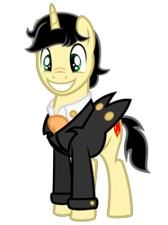 Size: 2000x2667 | Tagged: safe, artist:besttubahorse, derpibooru import, oc, oc only, oc:ecir, pony, unicorn, clothes, male, simple background, smiling, solo, stallion, transparent background, tuxedo, vector
