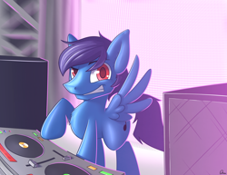 Size: 3300x2550 | Tagged: safe, artist:dmann892, derpibooru import, oc, oc only, oc:garnika, pegasus, pony, chest fluff, dreamworks face, solo, speakers, turntable