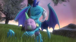 Size: 1920x1080 | Tagged: safe, artist:shadamyfan4evers, derpibooru import, princess ember, spike, dragon, 3d, cuddling, emberspike, female, field, flower, male, rock, romantic, shipping, snuggling, source filmmaker, straight, sunset