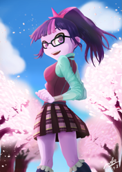 Size: 763x1080 | Tagged: safe, artist:the-park, sci-twi, twilight sparkle, equestria girls, adorkable, clothes, cute, dork, glasses, looking back, ponytail, sky, solo, standing, twiabetes