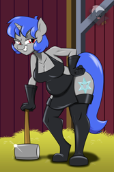 Size: 1200x1800 | Tagged: safe, artist:mofetafrombrooklyn, derpibooru import, oc, oc only, anthro, unicorn, apron, belly, broken horn, clothes, hammer, naked apron, solo, thigh boots