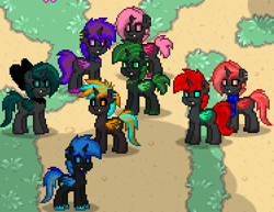Size: 375x290 | Tagged: safe, derpibooru import, oc, oc only, changeling, blue changeling, cute, dirt, double colored changeling, grass, green changeling, group, group photo, pink changeling, pony town, purple changeling, red changeling