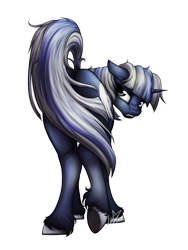Size: 3000x4000 | Tagged: safe, artist:lupiarts, derpibooru import, oc, oc only, oc:silverlay, pony, unicorn, annoyed, covering, floppy ears, frown, gritted teeth, looking back, plot, raised leg, signature, simple background, solo, tail covering, transparent background, unshorn fetlocks