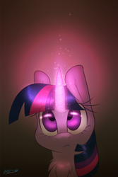 Size: 1280x1920 | Tagged: safe, artist:fluffyxai, twilight sparkle, chest fluff, detailed eyes, glow, glowing horn, looking up, signature, solo, sparkles