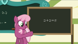 Size: 1280x720 | Tagged: safe, derpibooru import, cheerilee, the cart before the ponies, 1984, 2+2=5, big brother is watching, cheerilee's blackboard, exploitable meme, image macro, meme