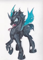 Size: 1667x2317 | Tagged: safe, artist:scribblepwn3, derpibooru import, thorax, changeling, the times they are a changeling, angry, hissing, pen drawing, solo, traditional art, watercolor painting