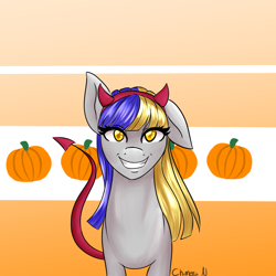 Size: 1200x1200 | Tagged: safe, artist:chimeranightshade, derpibooru import, oc, oc only, devil horns, food, halloween, pumpkin, solo