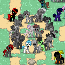 Size: 500x500 | Tagged: safe, derpibooru import, oc, oc only, circle, group photo, monochrome, ponies standing next to each other, pony town, statue