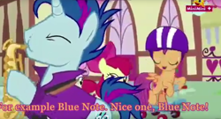 Size: 1666x902 | Tagged: safe, derpibooru import, screencap, blue note, scootaloo, the fault in our cutie marks, cutie mark, epic sax guy, musical instrument, saxophone, subtitles, the cmc's cutie marks
