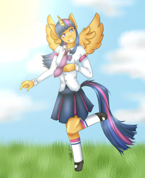 Size: 800x978 | Tagged: safe, artist:rainbowhitter, derpibooru import, oc, oc only, oc:twilleys sparkle, alicorn, anthro, alicorn oc, clothes, equestria girls outfit, female, offspring, parent:flash sentry, parent:twilight sparkle, parents:flashlight, ponysona, solo