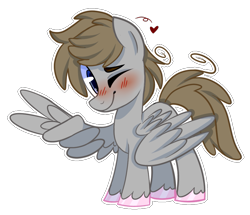 Size: 905x779 | Tagged: safe, artist:prince-lionel, derpibooru import, oc, oc only, oc:digital dusk, pony, blushing, heart, peace sign, solo, wing hands