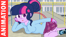 Size: 1295x728 | Tagged: safe, artist:minusclass, sci-twi, twilight sparkle, equestria girls, bracelet, breasts, clothes, crystal prep academy uniform, female, hand on butt, jewelry, looking at you, school uniform, shoes, socks, solo, stairs