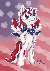 Size: 1024x1457 | Tagged: safe, artist:kyaokay, derpibooru import, oc, oc only, alicorn, pony, alicorn oc, american flag, bipedal, nation ponies, ponified, signature, solo, united states