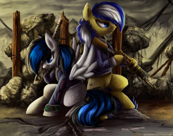 Size: 1023x806 | Tagged: safe, artist:aschenstern, derpibooru import, oc, oc only, fallout equestria, ambush, clothes, commission, gun, pipbuck, shotgun, weapon