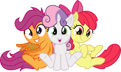 Size: 8345x4971 | Tagged: dead source, safe, artist:agamnentzar, artist:tim015, derpibooru import, apple bloom, scootaloo, sweetie belle, absurd resolution, cutie mark crusaders, looking at you, simple background, sitting, smiling, transparent background, vector