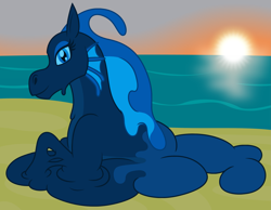 Size: 2587x2003 | Tagged: safe, artist:badumsquish, derpibooru exclusive, oc, oc only, goo pony, hybrid, original species, siren, beach, female, lidded eyes, looking at you, melting, prone, slime, slimeren, smiling, sunset