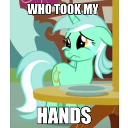 Size: 480x480 | Tagged: safe, derpibooru import, lyra heartstrings, crying, hand, image macro, meme, sad, that pony sure does love hands