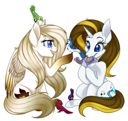 Size: 1024x975 | Tagged: safe, artist:theanthropony, derpibooru import, oc, oc only, oc:angelica, oc:river song, bird, pegasus, pony, unicorn, duo, female, mare