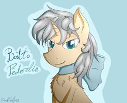 Size: 1600x1300 | Tagged: safe, artist:darkvulpes, derpibooru import, oc, oc only, oc:batto federlin, pony, unicorn, blue background, bust, chest fluff, colored pupils, female, looking at you, neck bow, simple background, smiling, solo