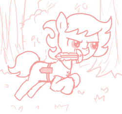 Size: 640x600 | Tagged: safe, artist:ficficponyfic, derpibooru import, oc, oc only, oc:ruby rouge, earth pony, pony, bush, child, clothes, colt quest, danger, female, fight, filly, foal, galloping, glare, grass, knife, monochrome, solo, story included, tomboy, tree