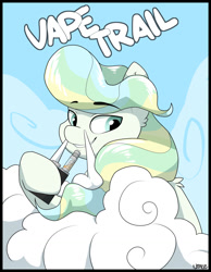 Size: 1024x1322 | Tagged: safe, artist:neoncel, derpibooru import, vapor trail, pegasus, pony, top bolt, cloud, digital art, ear fluff, female, hoof hold, looking at you, mare, pun, signature, sky, smiling, solo, vape