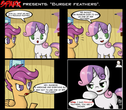 Size: 1717x1498 | Tagged: safe, artist:zsparkonequus, derpibooru import, scootaloo, sweetie belle, pegasus, pony, unicorn, comic, dialogue, female, filly, no pupils, scootachicken, speech bubble, vulgar