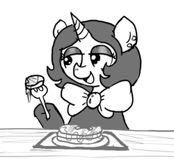Size: 640x600 | Tagged: safe, artist:ficficponyfic, derpibooru import, oc, oc only, oc:joyride, pony, unicorn, bowtie, breakfast, colt quest, ear piercing, earring, eyeshadow, female, food, fork, horn, jewelry, makeup, mantle, mare, monochrome, pancakes, piercing, plate, smiling, solo focus, story included, syrup, table, tray