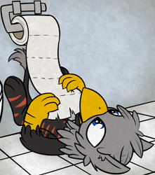 Size: 2004x2268 | Tagged: safe, artist:moemneop, derpibooru import, oc, oc only, oc:black lights, griffon, behaving like a cat, griffons doing cat things, solo, toilet paper