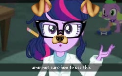 Size: 1280x800 | Tagged: safe, derpibooru import, edit, edited screencap, screencap, sci-twi, spike, spike the regular dog, twilight sparkle, dog, equestria girls, rainbow rocks, snapchat