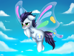 Size: 2927x2245 | Tagged: safe, artist:pridark, soarin', earth pony, pegasus, pony, blushing, butterfly wings, cloud, commission, cute, flying, male, race swap, sky, solo, stallion