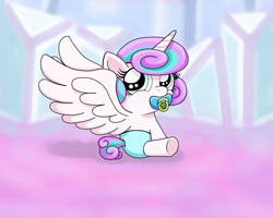 Size: 1000x800 | Tagged: dead source, safe, artist:kittyprints91, derpibooru import, princess flurry heart, alicorn, pony, baby, baby pony, cute, dawwww, diaper, female, flurrybetes, looking at you, mare, pacifier, sitting, solo, spread wings, wings