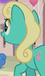 Size: 548x920 | Tagged: safe, derpibooru import, screencap, earth pony, pony, the cutie map, alternate hairstyle, background pony, cropped, female, honey curls, mare, mare e. lynn, our town, solo focus