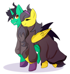 Size: 1024x1074 | Tagged: safe, artist:flamycrystal, derpibooru import, oc, oc only, oc:frost d. tart, oc:golden lily, alicorn, pony, alicorn oc, brother and sister, clothes, cosplay, costume, female, hex maniac, male, pokémon, siblings