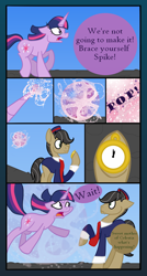 Size: 860x1600 | Tagged: safe, artist:magicandmysterygal, derpibooru import, oc, oc only, oc:ticket taker, comic:long night wild night, clock, comic, magic, teleportation