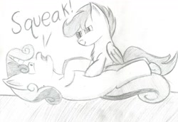 Size: 1280x879 | Tagged: safe, artist:bronyguard, derpibooru import, scootaloo, sweetie belle, 30 minute art challenge, chest fluff, monochrome, open mouth, sketch, squeaky belle, traditional art