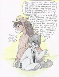 Size: 4976x6480 | Tagged: safe, artist:flicker-show, trouble shoes, oc, oc:flicker show, demon pony, earth pony, hybrid, pony, absurd resolution, dialogue, duo, fangs, hat, male, necktie, sitting, speech bubble, stallion, traditional art