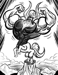 Size: 1275x1650 | Tagged: safe, artist:atmanryu, derpibooru import, lord tirek, centaur, flexing, leg day, male, monochrome, muscles, overdeveloped muscles, solo