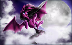 Size: 2560x1600 | Tagged: safe, artist:aschenstern, derpibooru import, oc, oc only, bat pony, pony, cloud, commission, flying, moon, solo, underhoof