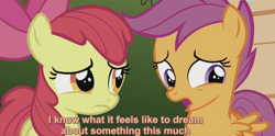 Size: 1158x576 | Tagged: safe, derpibooru import, screencap, apple bloom, scootaloo, pony, the fault in our cutie marks, scootaloo can't fly, subtitles